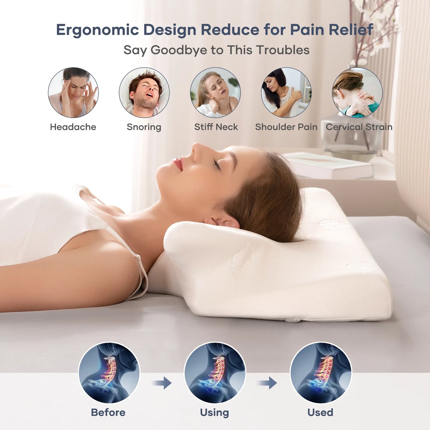 Cervical Pillow Memory Foam Orthopedic Pillow for Neck Pain Sleeping Side, Back, Stomach Sleeper with Washable Pillowcase